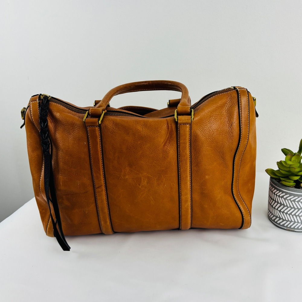 Fossil Carlie Leather Satchel Shoulder Cognac Bag Braided Tassel - Picture 2 of 10